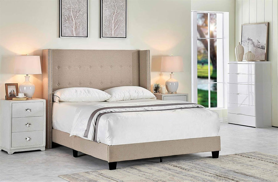 Modern Panel Upholstered Platform Bed, Queen Size, Beige