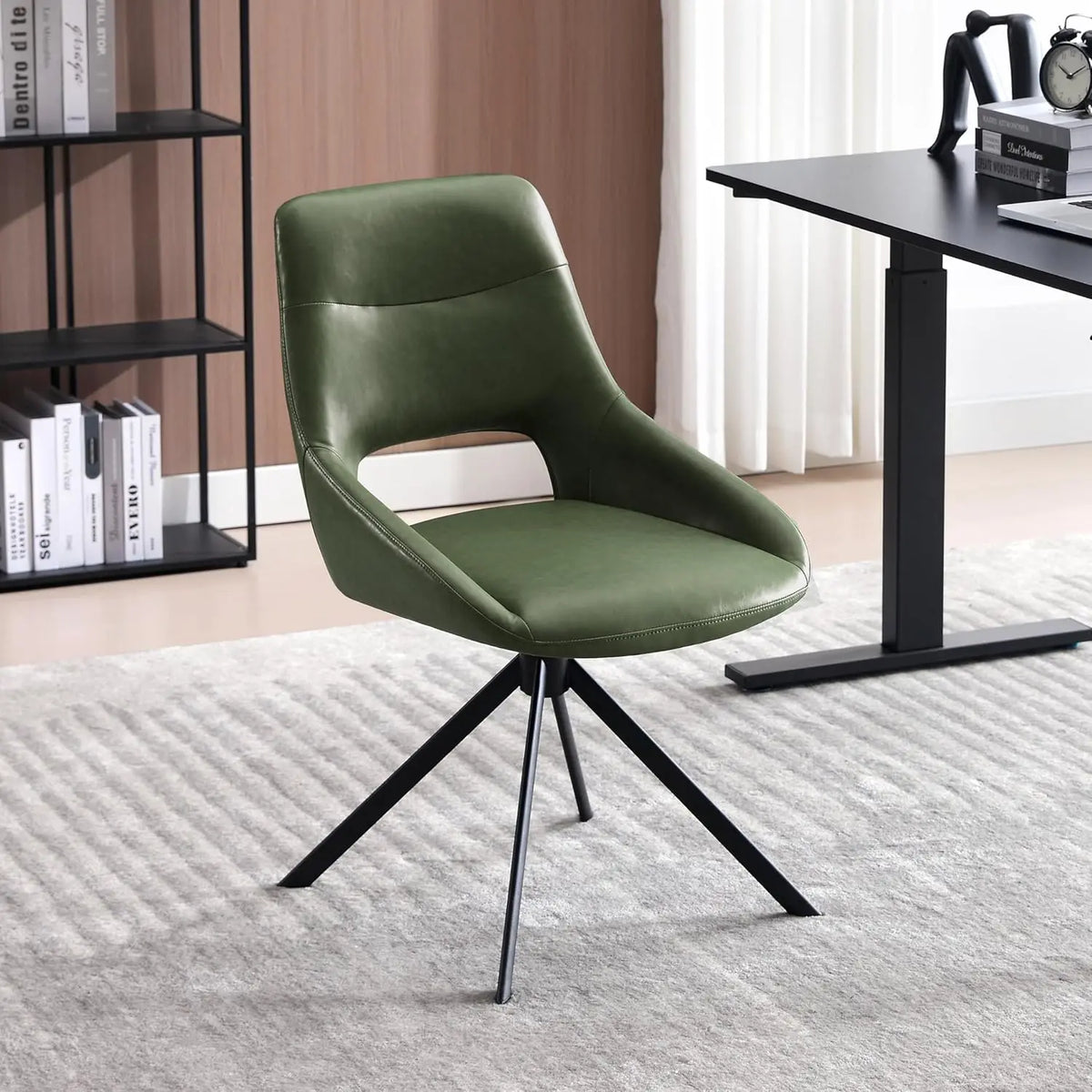 Ellington Collection | Sculptural Leather-Wrapped Swivel in Cognac Faux Leather - revealing tonal warmth and surface patina under ambient light in a Mid-Century Modern living room setting.
