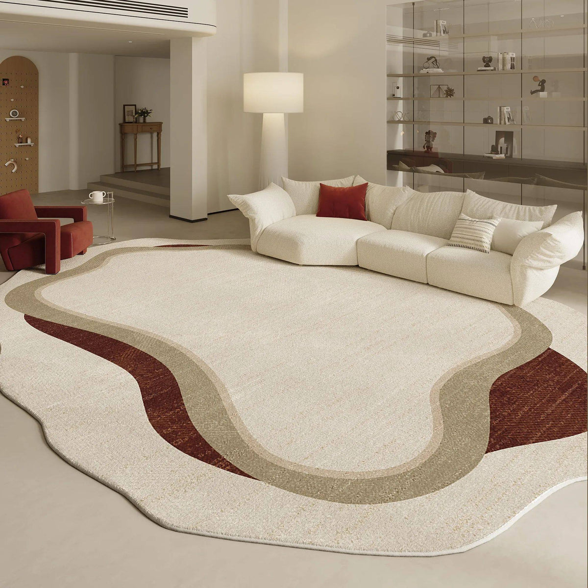 Fontaine Collection | Geometric Atomic-Era Irregular-Form Carpet - detail view 16 revealing design nuance in a Mid-Century Modern living room setting.