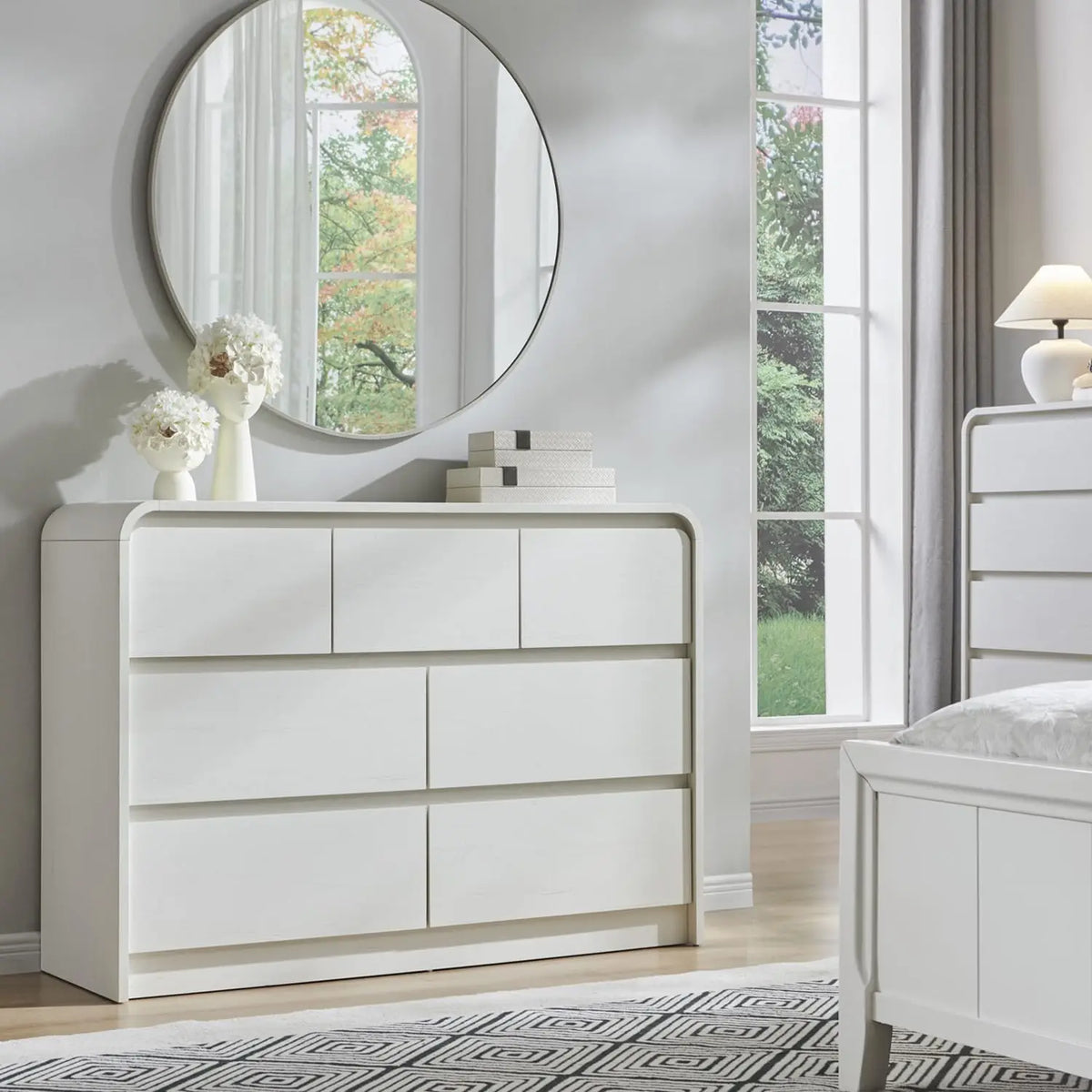 Valencia Collection | Sculptural Curved Curved Walnut Dresser - showcasing form and function in daily use context in a Mid-Century Modern bedroom setting.