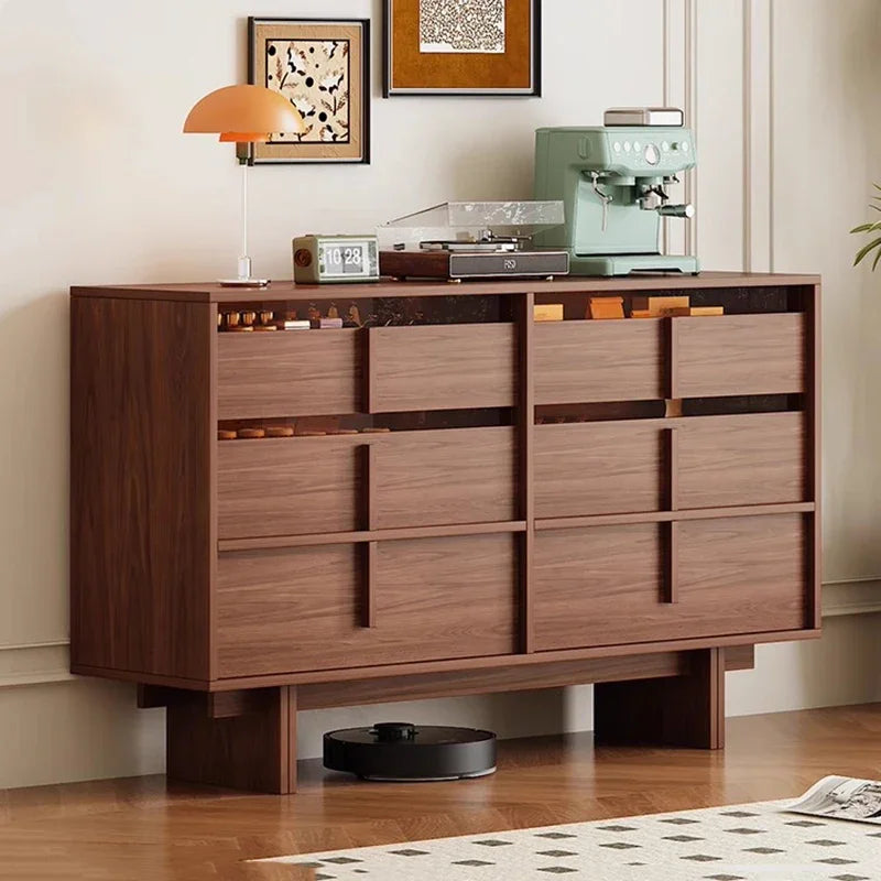 Dresden Collection | Geometric Brass-Accented Walnut Storage Cabinet - featuring close-up joinery and artisanal finish quality in a Mid-Century Modern living room setting.