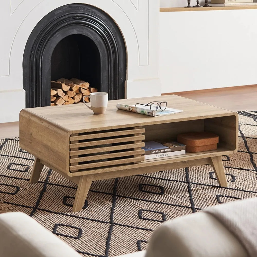 Belmont Collection | Fluted Atomic-Era White Oak Coffee Table - featuring close-up joinery and artisanal finish quality in a Mid-Century Modern living room setting.