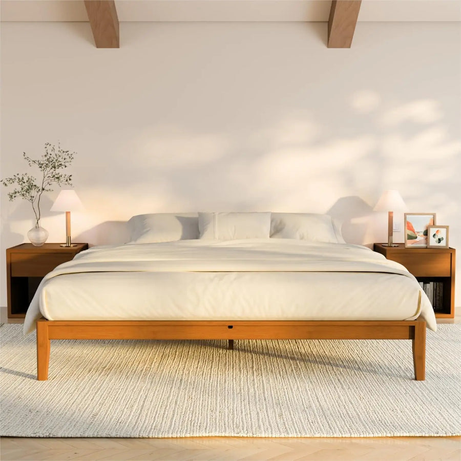 Meridian Collection | Floating California Bamboo Platform Bed - showcasing full sculptural form and curated finish in a Mid-Century Modern bedroom setting.
