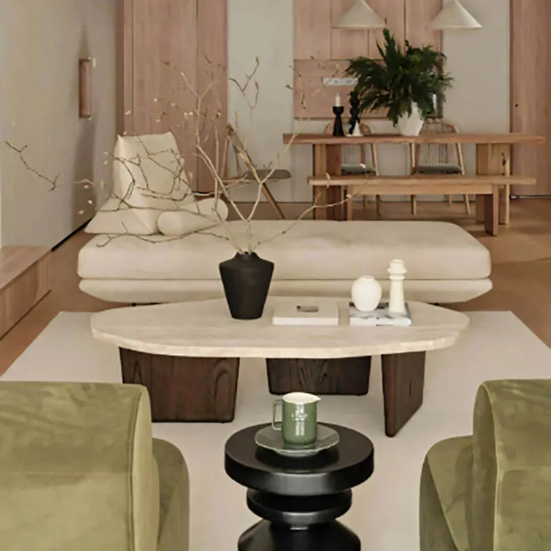 Meridian Collection | Tapered-Leg Oval Walnut Oval Coffee Table - presented at scale within a designed interior in a Mid-Century Modern living room setting.