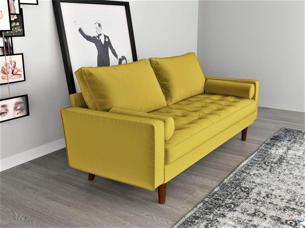 Womble Mid Century Modern Velvet Upholstered Tufted Seat with Bolster Pillows, Loveseat, Sofa, Goldenrod