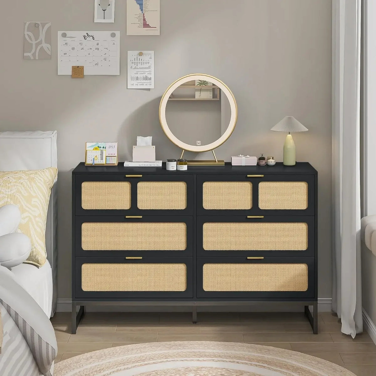 Belmont Collection | Tapered-Leg Brass-Accented Walnut Six-Drawer Dresser - framed in an editorial still-life composition in a Mid-Century Modern bedroom setting.