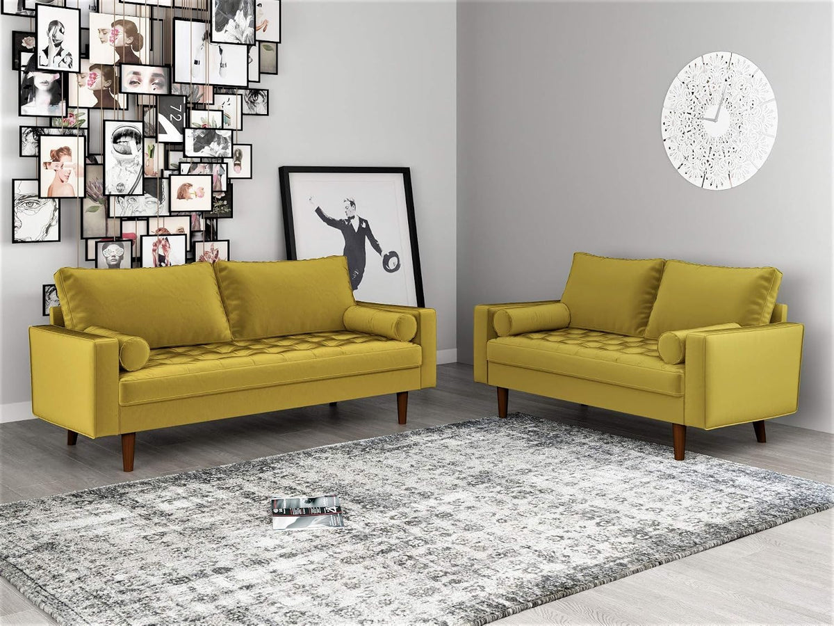 Womble Mid Century Modern Velvet Upholstered Tufted Seat with Bolster Pillows, Loveseat, Sofa, Goldenrod