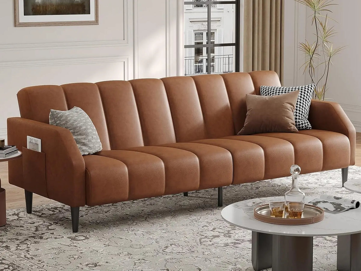 Belmont Collection | Streamlined Leather-Wrapped Convertible in Luxe Faux Leather - demonstrating proportional harmony within the collection in a Mid-Century Modern living room setting.