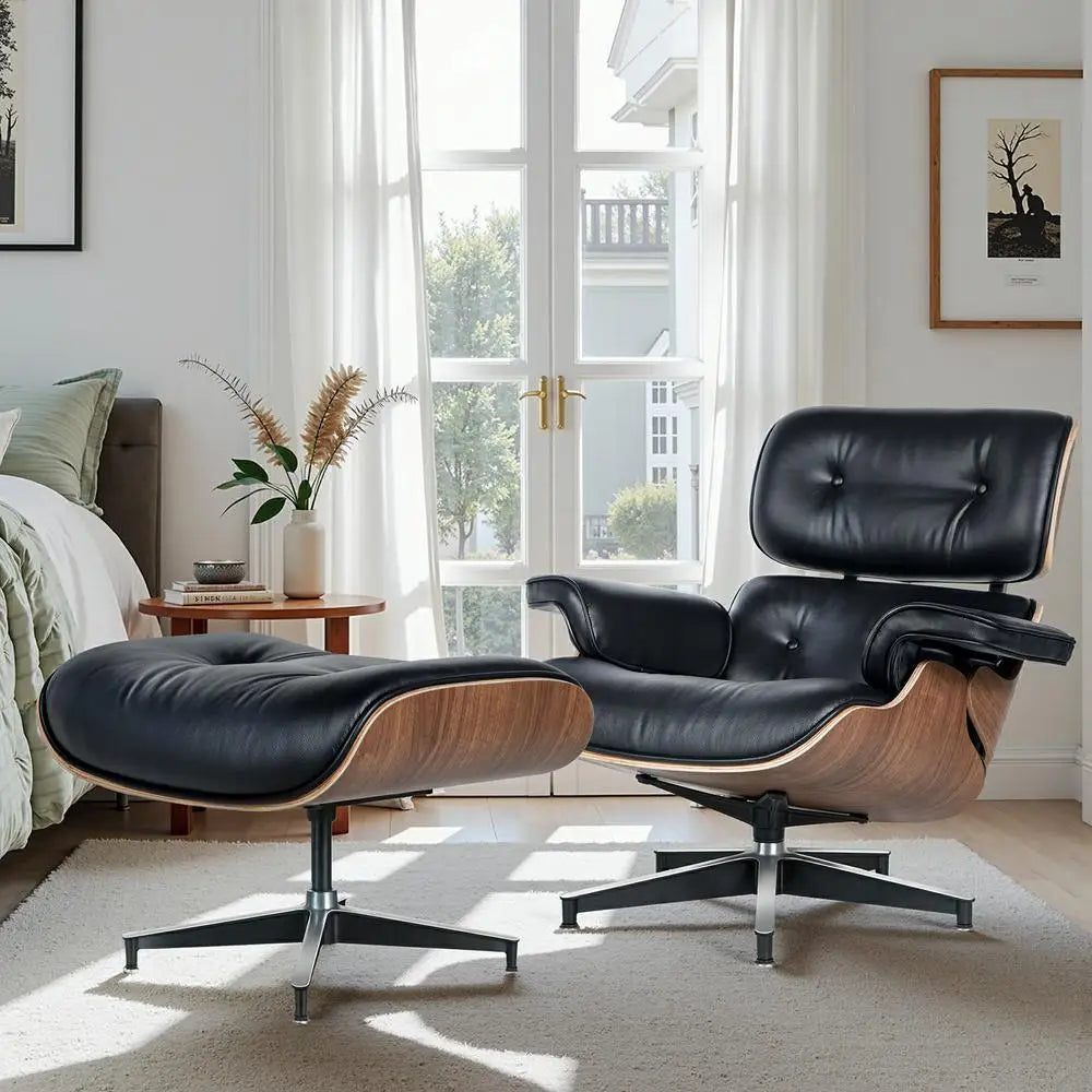 Dresden Collection | Sculptural Leather-Wrapped Cognac Leather Lounge Set - presented at scale within a designed interior in a Mid-Century Modern living room setting.