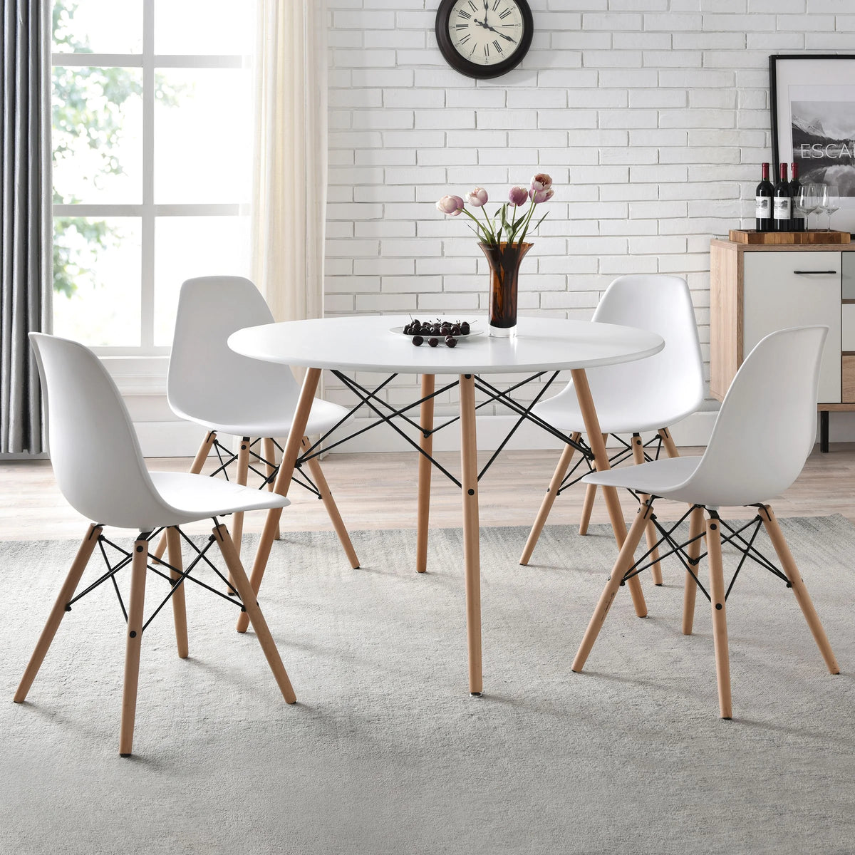 42 Inch round Modern Wood Dining Table, Mid-Century Style, Beech and White