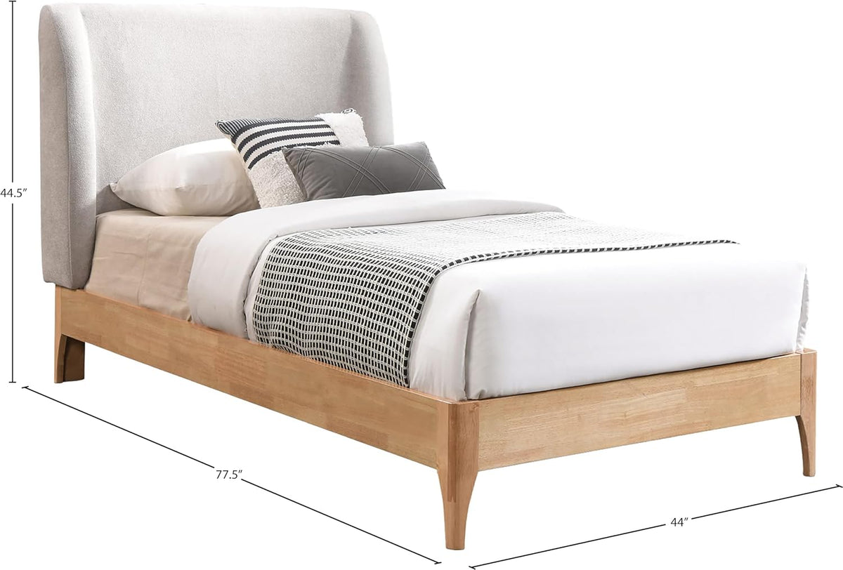 Meridian Furniture Venturagrey-T Ventura Collection Mid-Century Modern Upholstered Twin Bed, Soft Grey Fabric, Finished Rubberwood Legs, Slats, 44" W X 77.5" D X 44.5" H, Grey, Twin