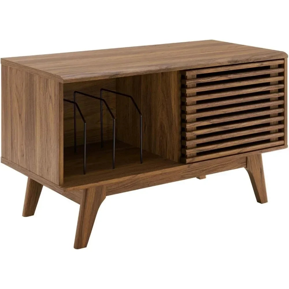 Dresden Collection | Sculptural Atomic-Era Walnut Record Stand - revealing tonal warmth and surface patina under ambient light in a Mid-Century Modern living room setting.