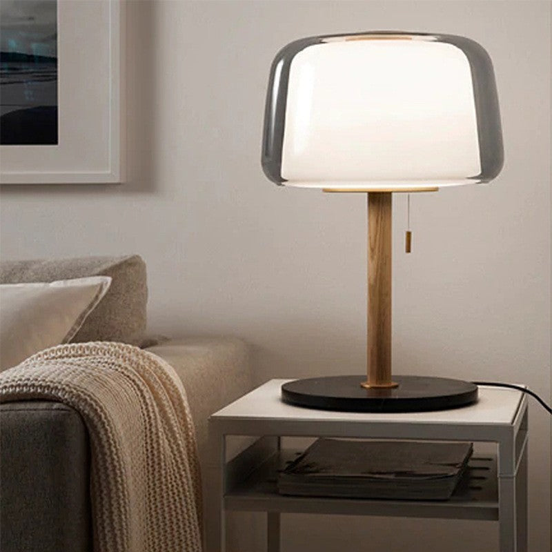Ellington Collection | Geometric Brass-Accented Walnut Accent Lamp - showcasing full sculptural form and curated finish in a Mid-Century Modern living room setting.