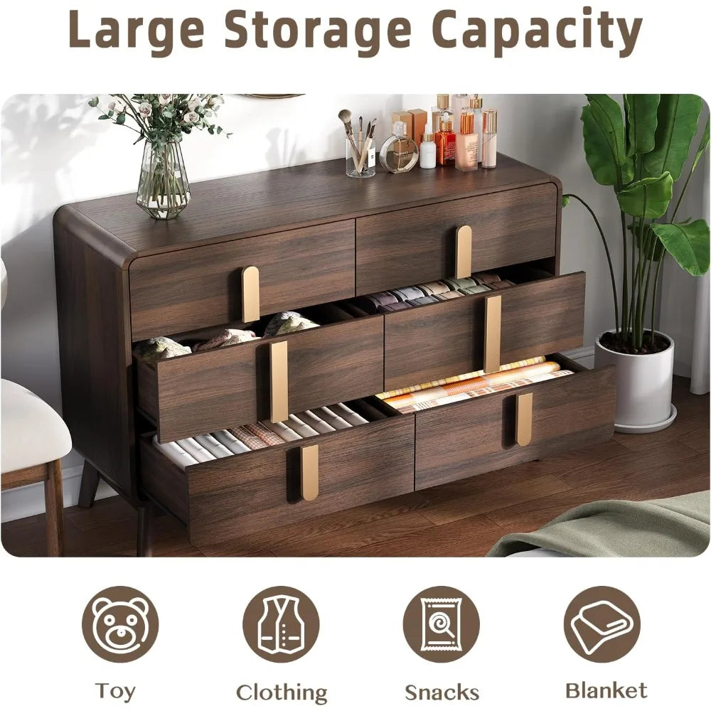 Dresden Collection | Tapered-Leg Brass-Accented Walnut Six-Drawer Dresser - featuring close-up joinery and artisanal finish quality in a Mid-Century Modern bedroom setting.