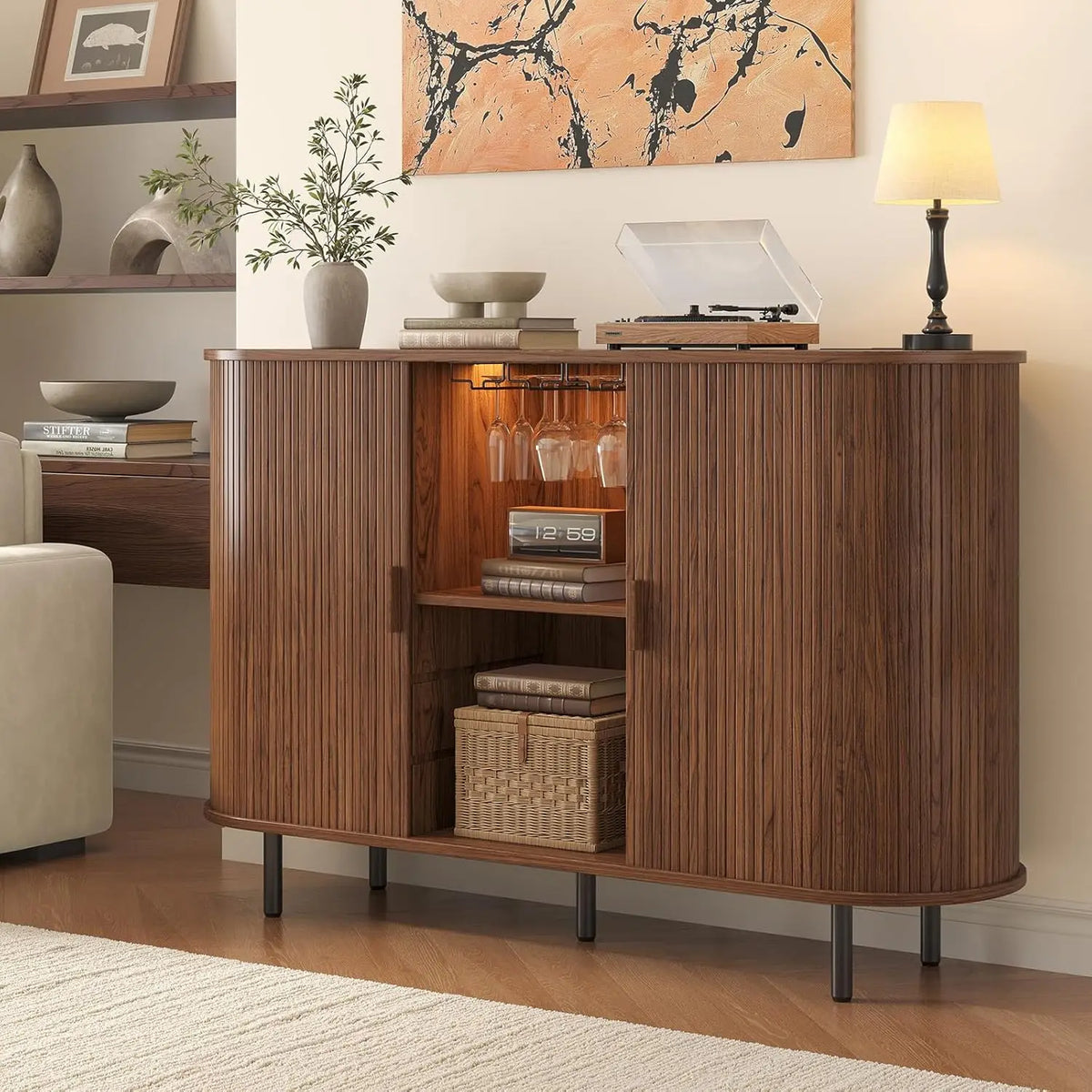 Cordoba Collection | Fluted Atomic-Era Fluted Walnut Wine Cabinet - presented at scale within a designed interior in a Mid-Century Modern dining room setting.
