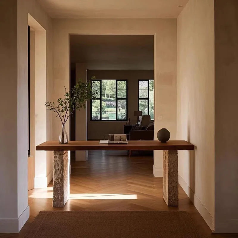 Fontaine Collection | Tapered-Leg Japanese-Inspired Wabi-Sabi Console - revealing tonal warmth and surface patina under ambient light in a Mid-Century Modern entryway setting.