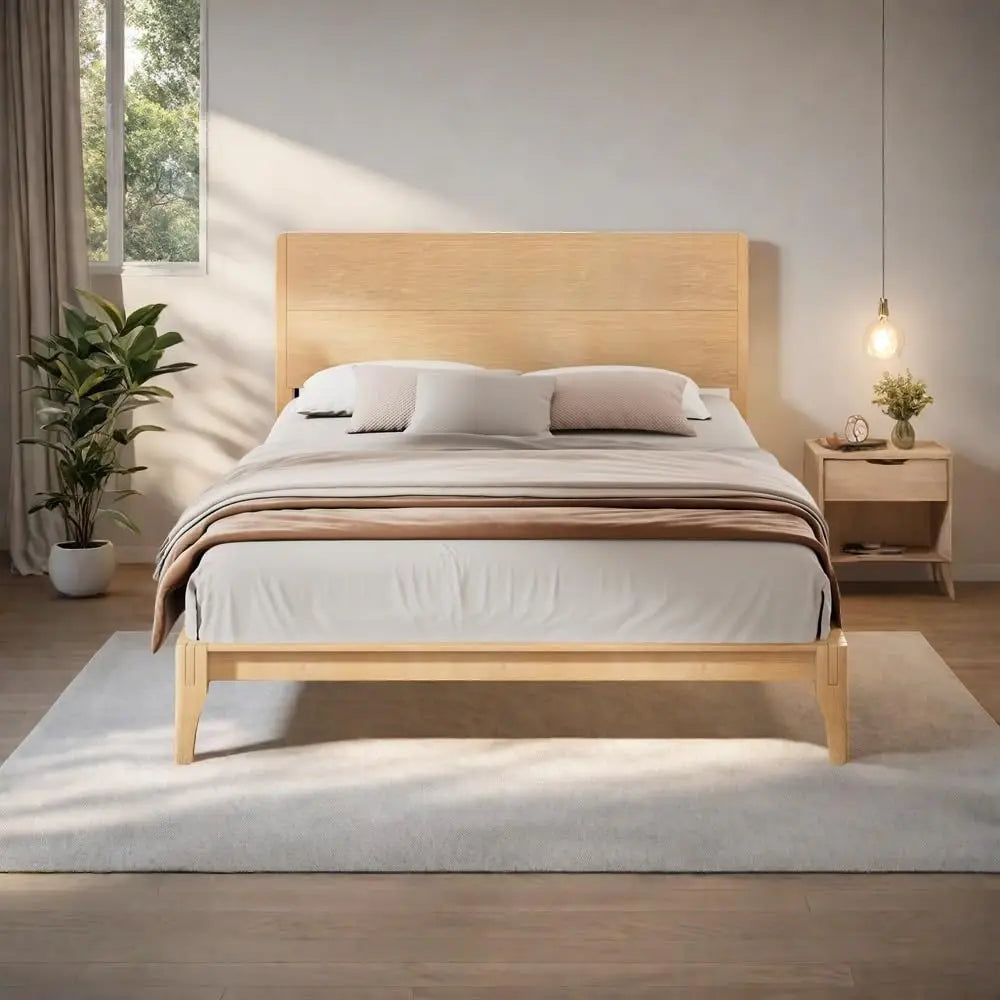 Ellington Collection | Atomic-Era Bamboo Platform Bed - styled from an alternate angle revealing dimensional depth in a Mid-Century Modern bedroom setting.