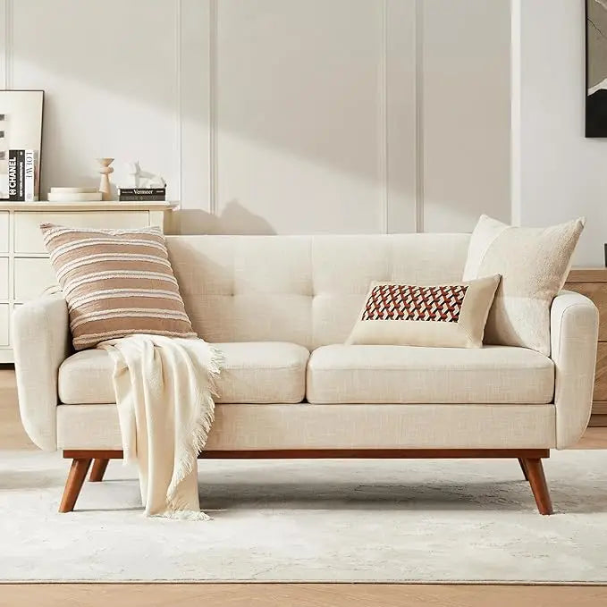 Fontaine Collection | Tapered-Leg Curved Walnut & Bouclé Loveseat - showcasing full sculptural form and curated finish in a Mid-Century Modern living room setting.
