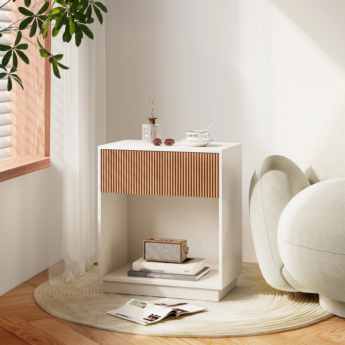 Belmont Collection | Fluted Brass-Accented Fluted Walnut Nightstand Set - presented at scale within a designed interior in a Mid-Century Modern bedroom setting.