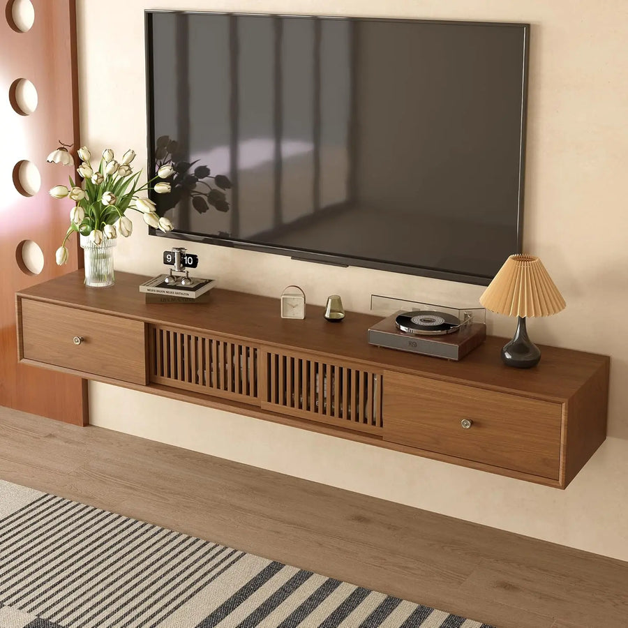 Ellington Collection | Slatted Nordic Floating Walnut Console - showcasing full sculptural form and curated finish in a Mid-Century Modern entryway setting.