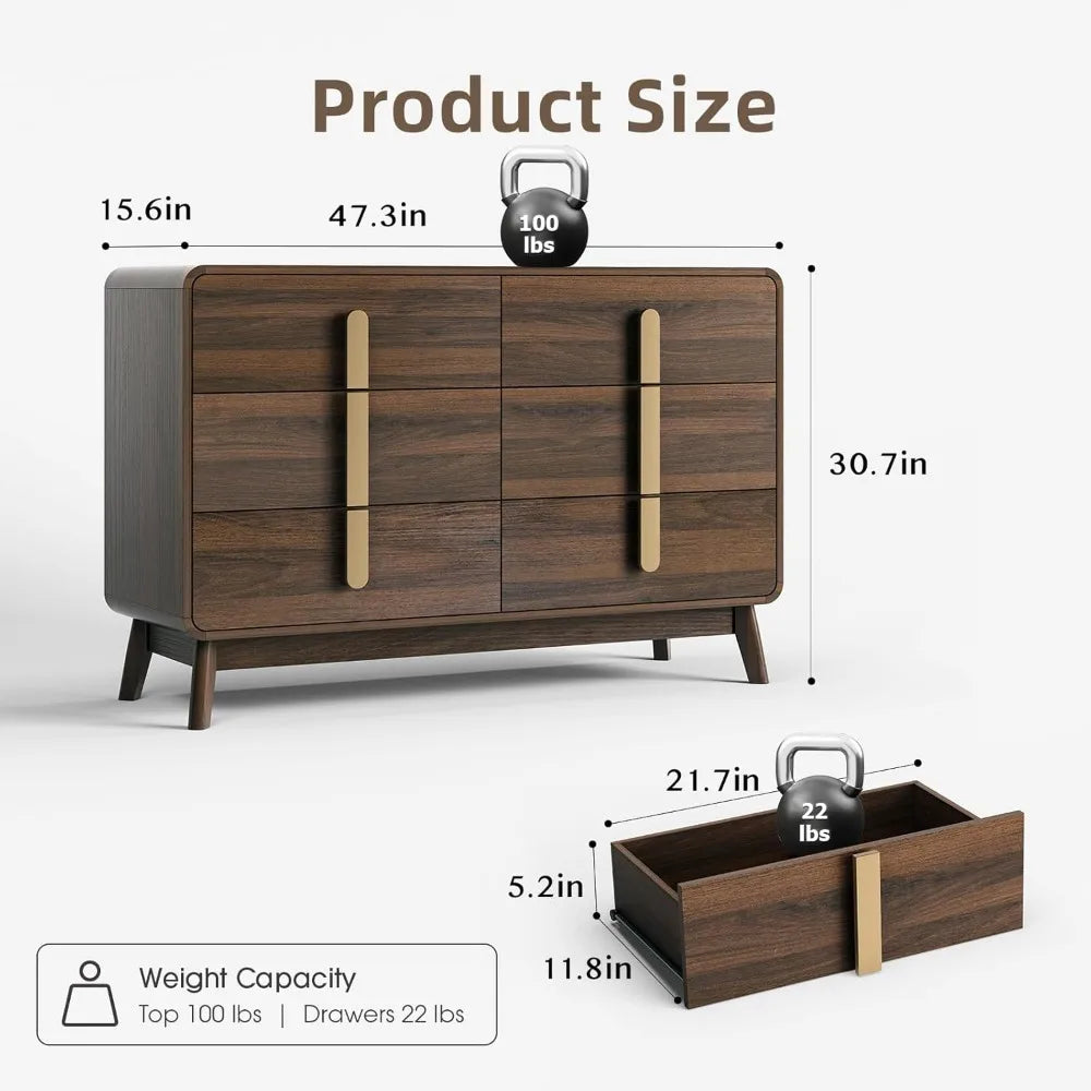 Dresden Collection | Tapered-Leg Brass-Accented Walnut Six-Drawer Dresser - presented at scale within a designed interior in a Mid-Century Modern bedroom setting.