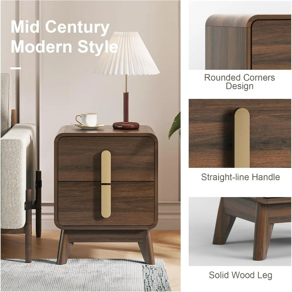 Dresden Collection | Curved Walnut Nightstand - presented at scale within a designed interior in a Mid-Century Modern bedroom setting.