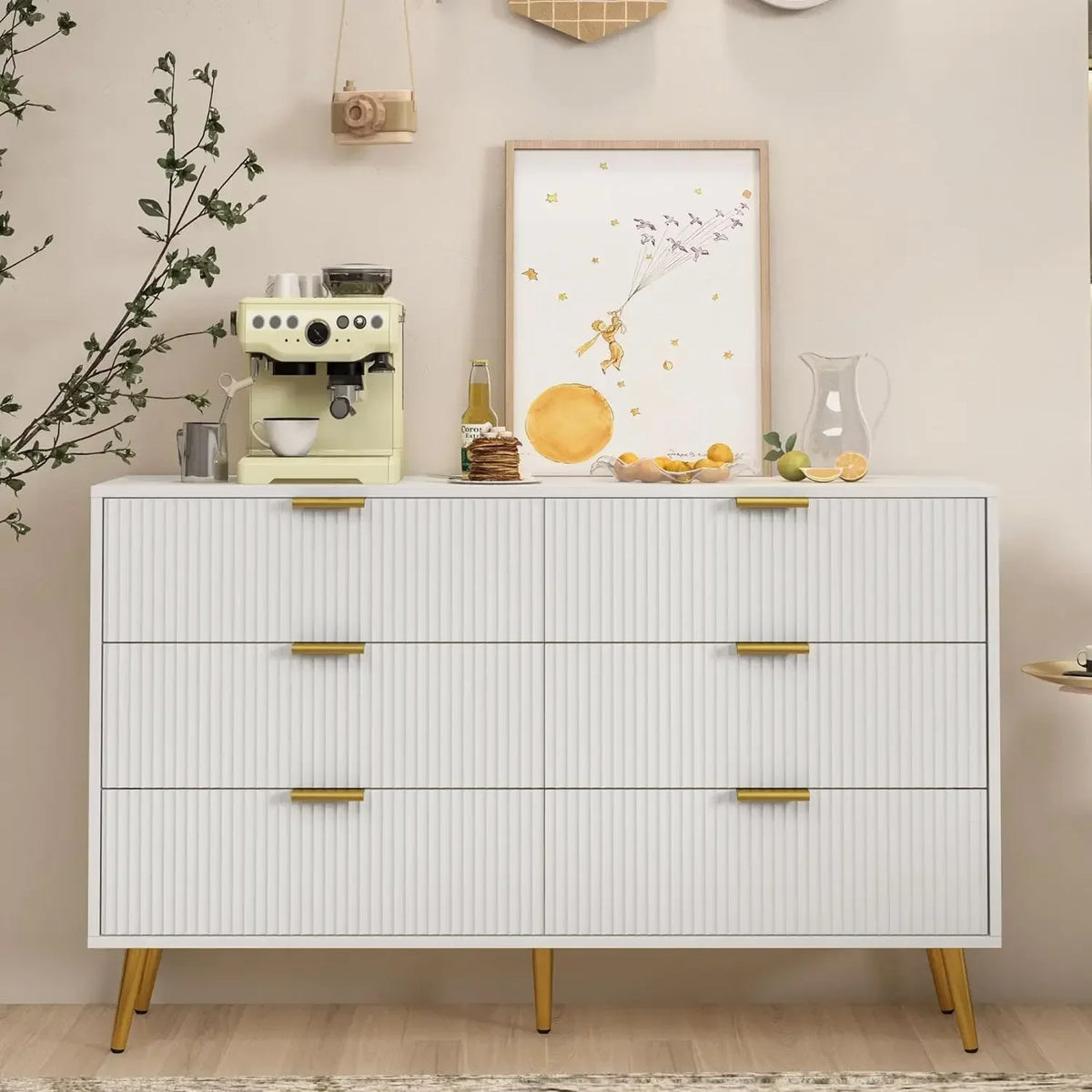 Belmont Collection | Tapered-Leg Brass-Accented Walnut Six-Drawer Dresser - showcasing full sculptural form and curated finish in a Mid-Century Modern bedroom setting.