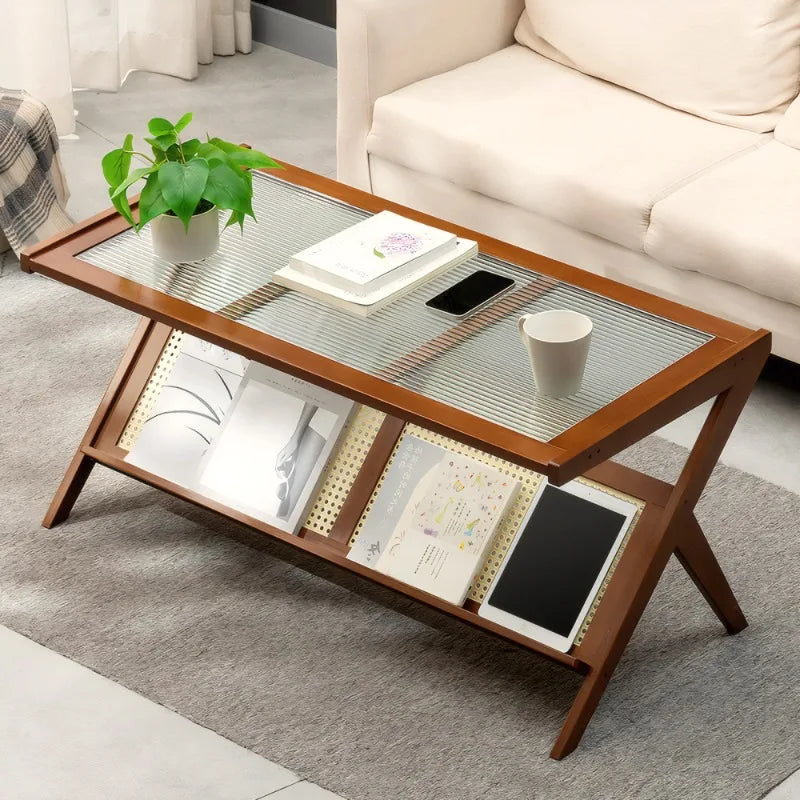 Belmont Collection | Sculptural Glass-Top Rattan & Glass Coffee Table - featuring close-up joinery and artisanal finish quality in a Mid-Century Modern living room setting.