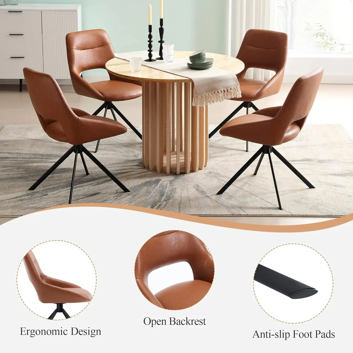 Ellington Collection | Sculptural Leather-Wrapped Swivel in Cognac Faux Leather - featuring close-up joinery and artisanal finish quality in a Mid-Century Modern living room setting.