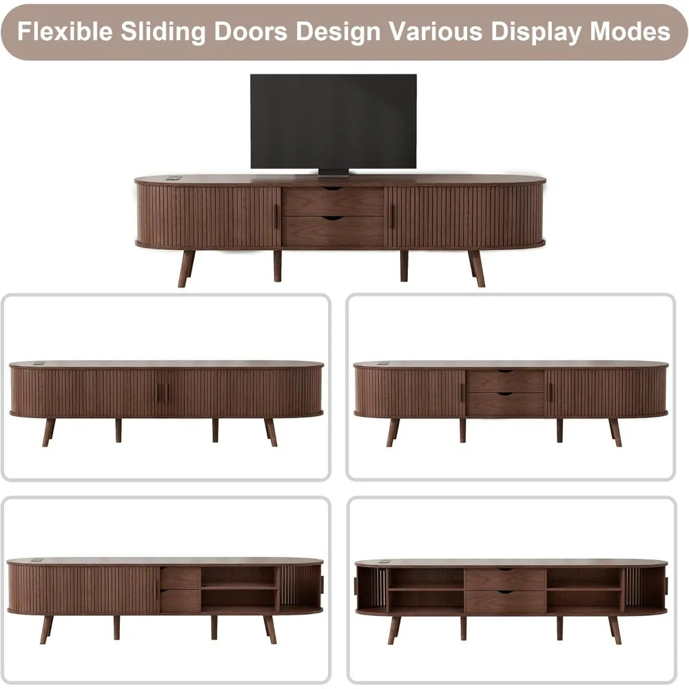 Ellington Collection | Floating Curved Curved Walnut Console - featuring close-up joinery and artisanal finish quality in a Mid-Century Modern entryway setting.