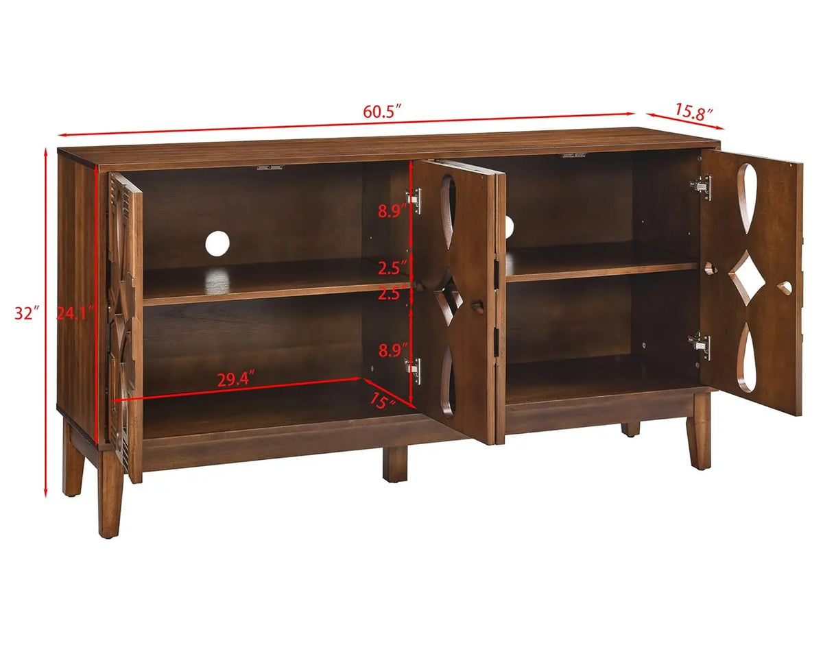 Astoria Collection | Minimalist Brass-Accented Walnut Sideboard - styled from an alternate angle revealing dimensional depth in a Mid-Century Modern living room setting.