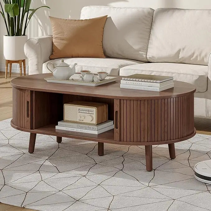 Belmont Collection | Fluted Gold-Trimmed Walnut Coffee Table - showcasing full sculptural form and curated finish in a Mid-Century Modern living room setting.