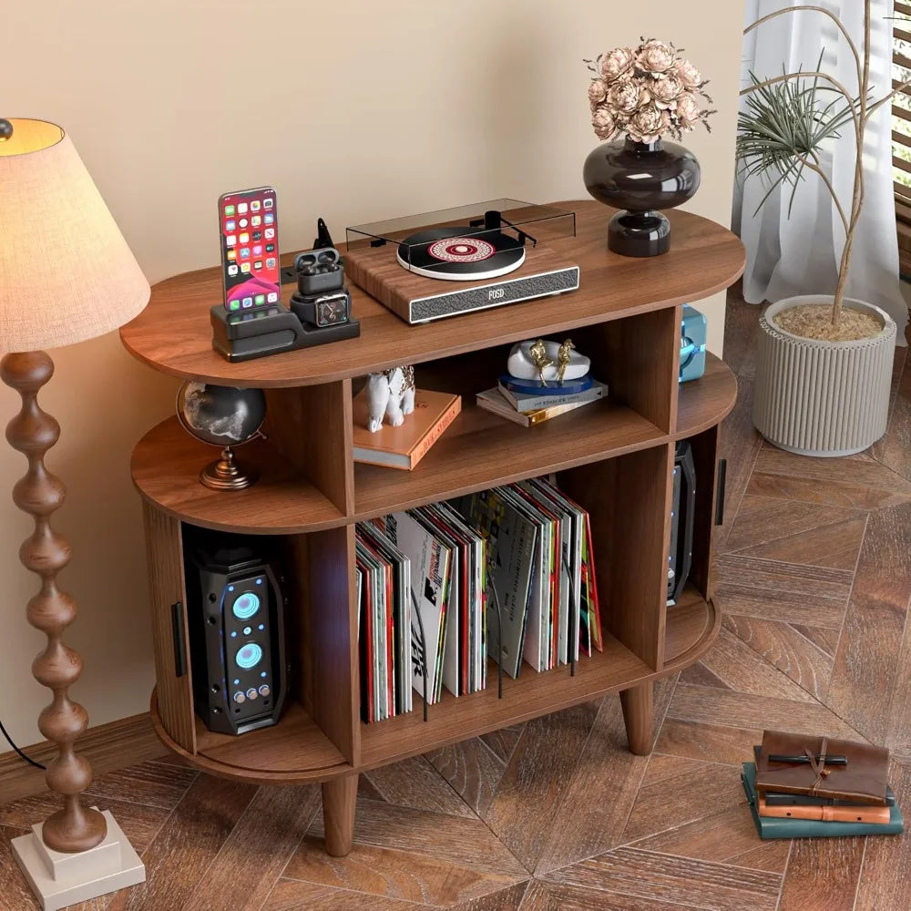Dresden Collection | Brass-Accented Atomic-Era Walnut Record Console - featuring close-up joinery and artisanal finish quality in a Mid-Century Modern entryway setting.