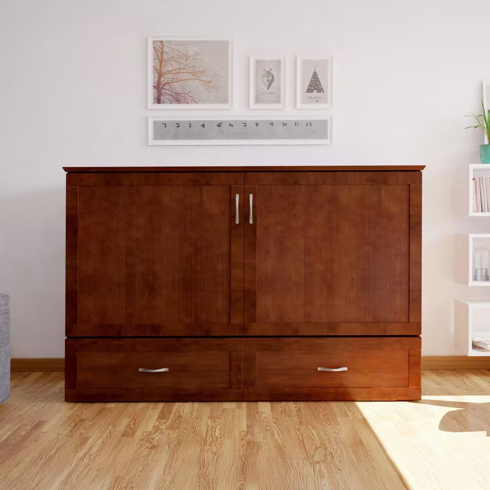 Hamilton Walnut Brown Wood Frame Queen Murphy Bed Chest with 6 In. Mattress, Storage and Built-In Charger