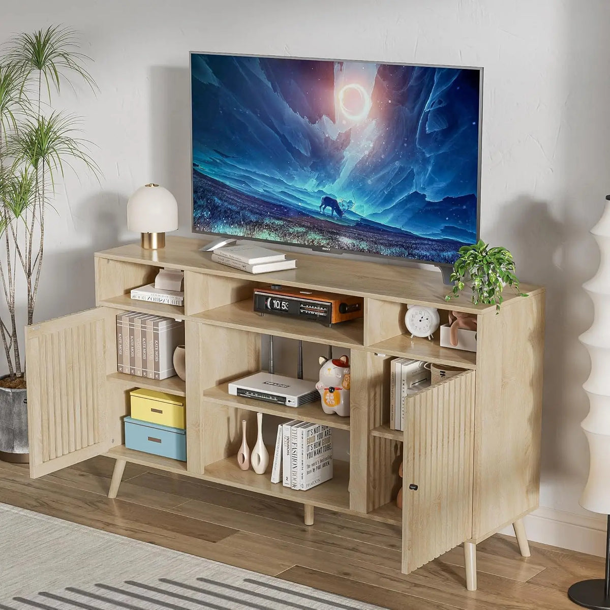 Dresden Collection | Fluted California Fluted Walnut Media Console - presented at scale within a designed interior in a Mid-Century Modern entryway setting.