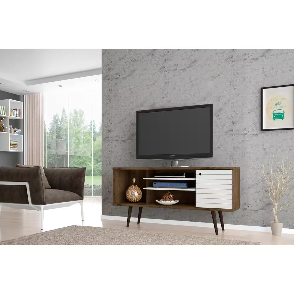 Liberty 53.14 In. Rustic Brown and White TV Stand Fits Tvs up to 50 In. with Storage Doors and Cable Management
