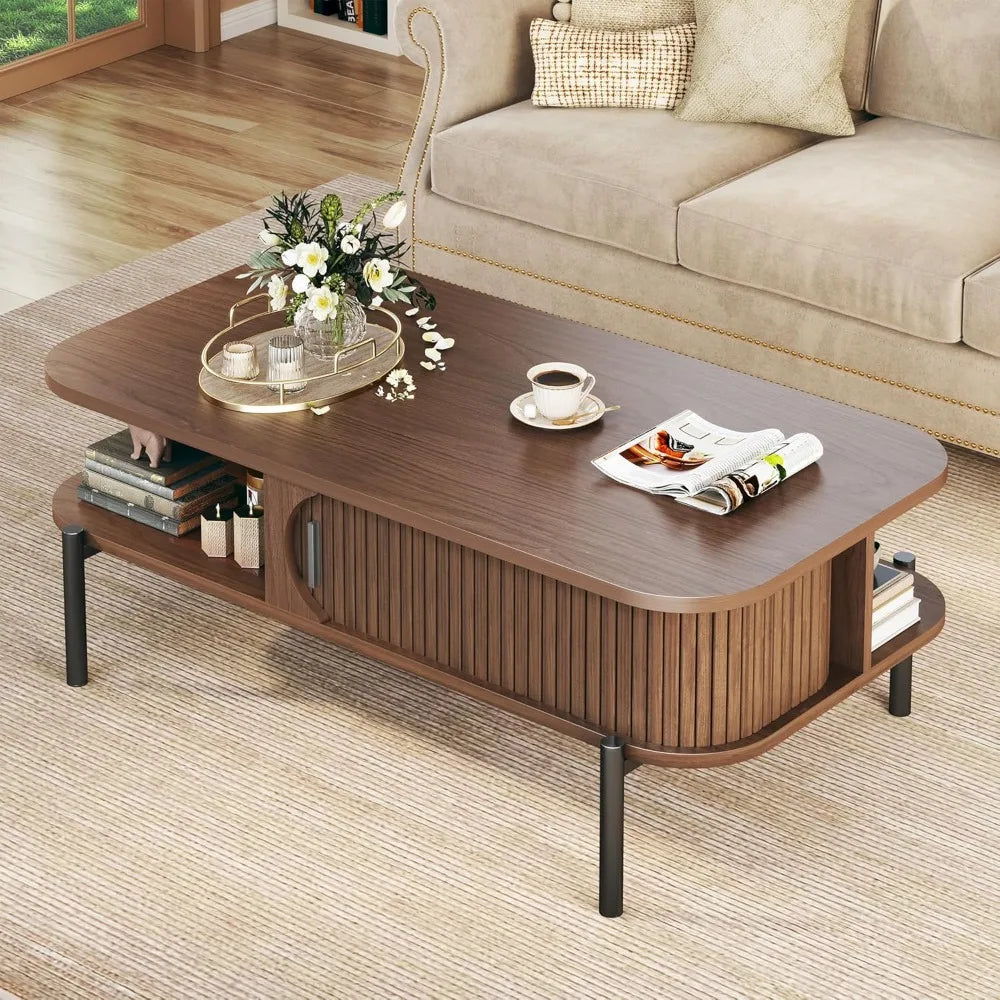Fontaine Collection | Fluted Atomic-Era Fluted Walnut Coffee Table - showcasing full sculptural form and curated finish in a Mid-Century Modern living room setting.