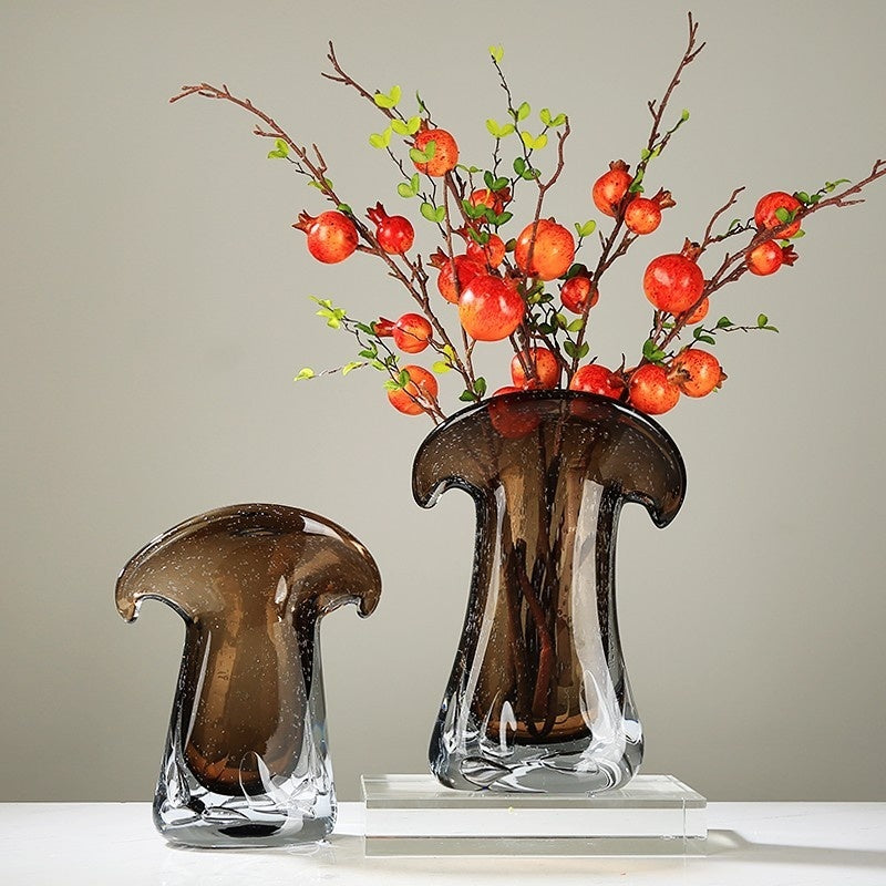 Cordova Collection | Sculptural Glass-Topped Amber Glass Hydroponic Vessel - highlighting material texture and craftsmanship detail in a Mid-Century Modern living room setting.