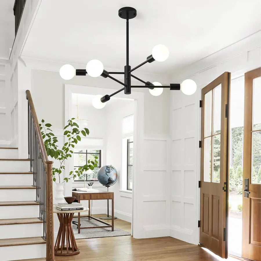 Astoria Collection | Geometric Steel-Framed Matte Black Sputnik Chandelier - highlighting material texture and craftsmanship detail in a Mid-Century Modern living room setting.