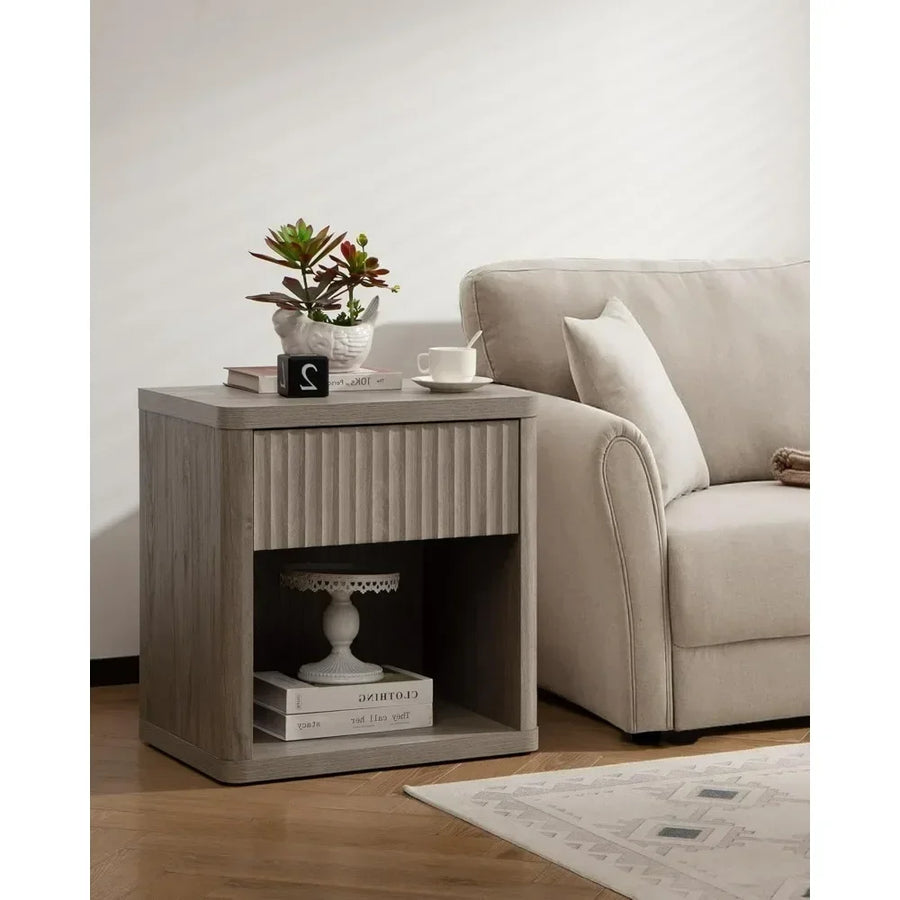 Dresden Collection | Geometric Brass-Accented Walnut Nightstand - showcasing full sculptural form and curated finish in a Mid-Century Modern bedroom setting.