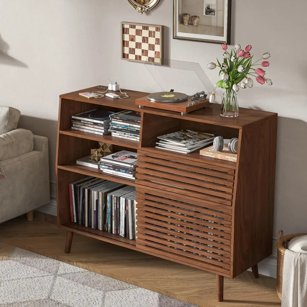 Ellington Collection | Geometric Danish-Inspired Walnut Record Console - styled from an alternate angle revealing dimensional depth in a Mid-Century Modern entryway setting.