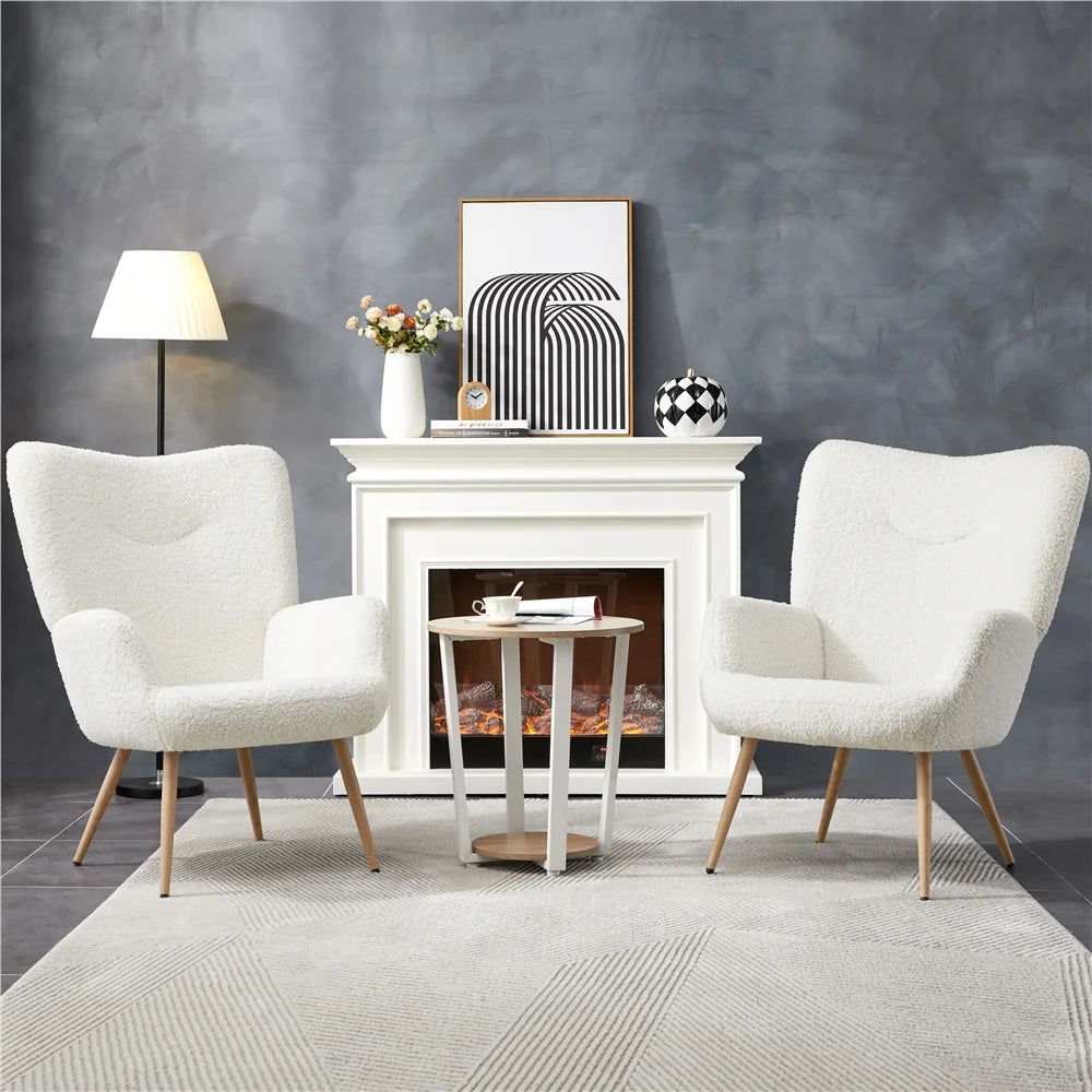 Mid-Century Modern Wingback Accent Chair, White Boucle