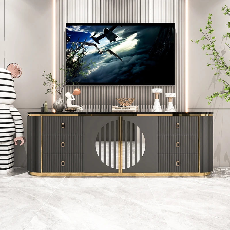 Belmont Collection | Tapered-Leg Brass-Accented Rich Walnut Media Console - showcasing form and function in daily use context in a Mid-Century Modern entryway setting.