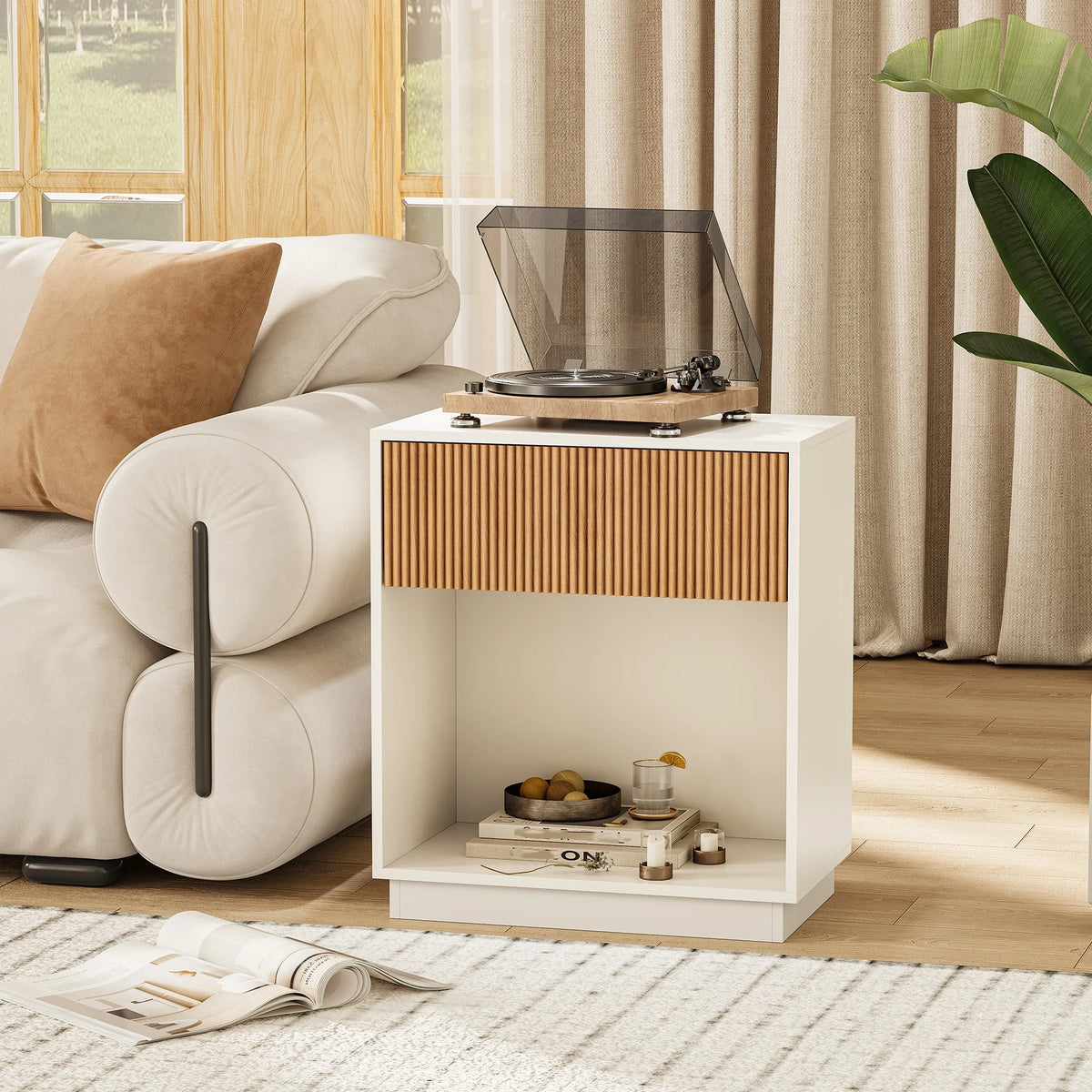 Belmont Collection | Fluted Brass-Accented Fluted Walnut Nightstand Set - captured in a curated lifestyle vignette in a Mid-Century Modern bedroom setting.