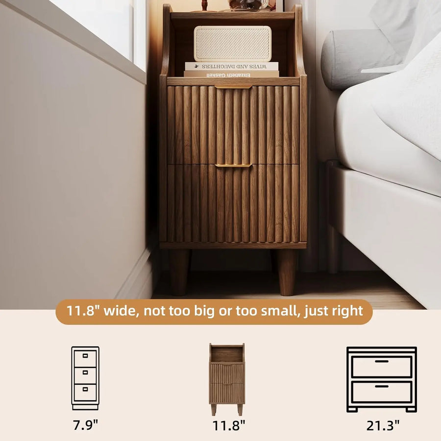 Dresden Collection | Fluted Atomic-Era Fluted Walnut Nightstand Duo - showcasing full sculptural form and curated finish in a Mid-Century Modern bedroom setting.