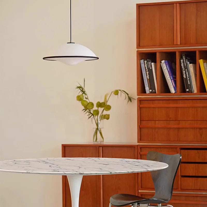 Astoria Collection | Sculptural Atomic-Era Cream Ceramic Pendant - showcasing full sculptural form and curated finish in a Mid-Century Modern living room setting.