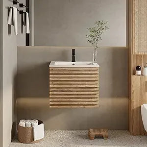 Dresden Collection | Floating California Floating Walnut Vanity - styled from an alternate angle revealing dimensional depth in a Mid-Century Modern bathroom setting.
