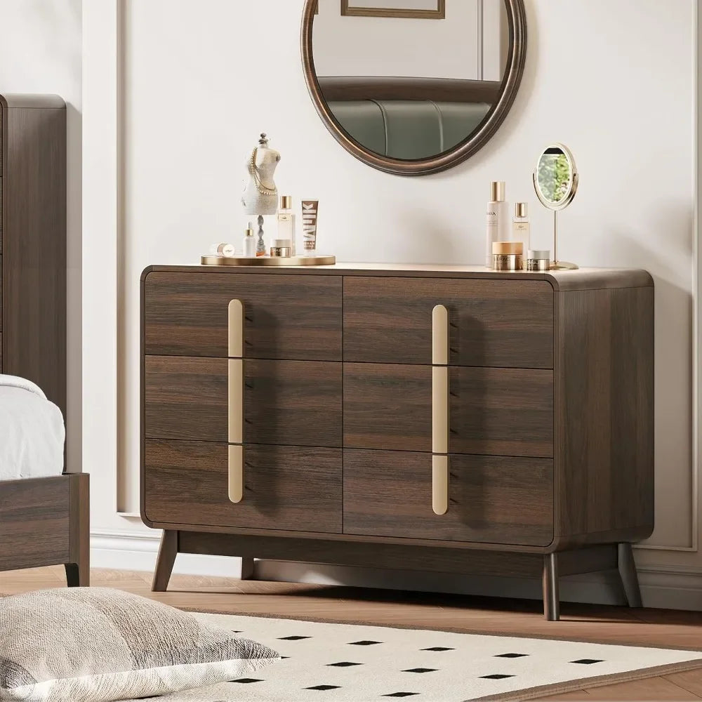Astoria Collection | Tapered-Leg Atomic-Era Walnut Dresser - styled from an alternate angle revealing dimensional depth in a Mid-Century Modern bedroom setting.
