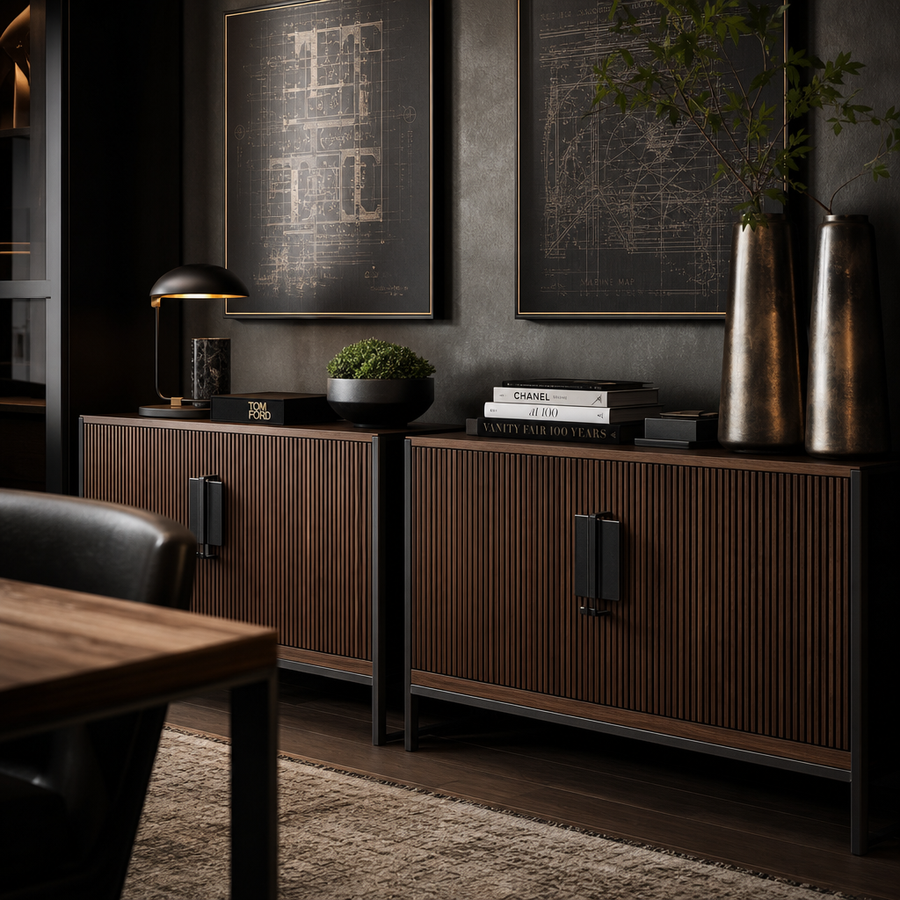 Dresden Collection | Fluted Steel-Framed Fluted Walnut & Steel Cabinets - showcasing full sculptural form and curated finish in a Mid-Century Modern living room setting.