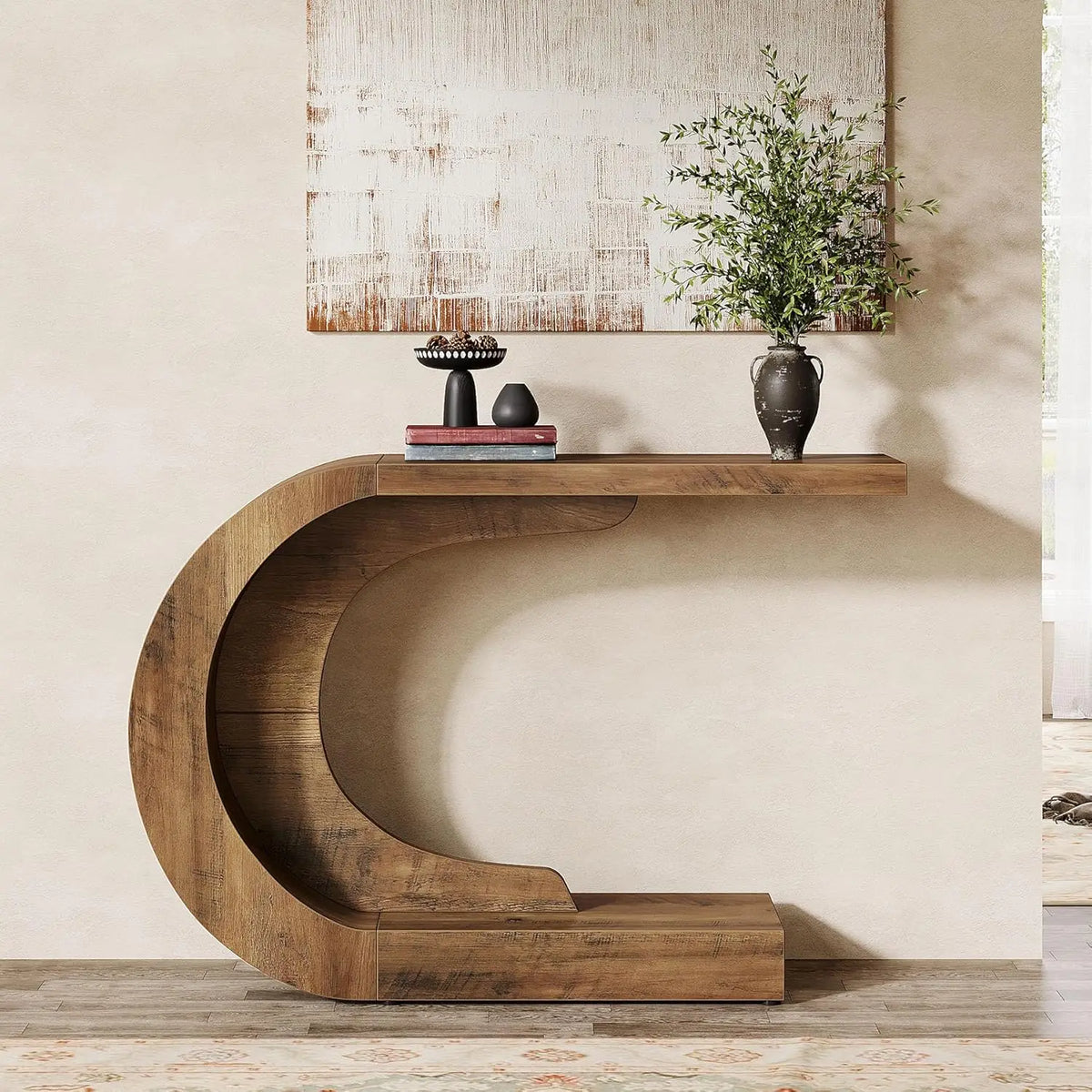 Dresden Collection | Sculptural C-Frame Walnut Console - highlighting material texture and craftsmanship detail in a Mid-Century Modern entryway setting.
